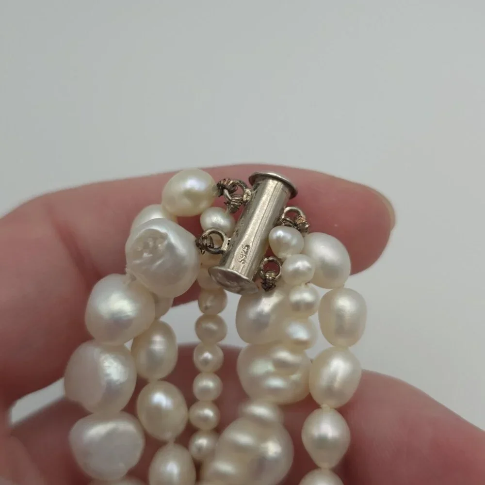 19 Inch Sterling Silver Triple Strand Genuine Pearls Necklace B212 - Picture 5 of 8